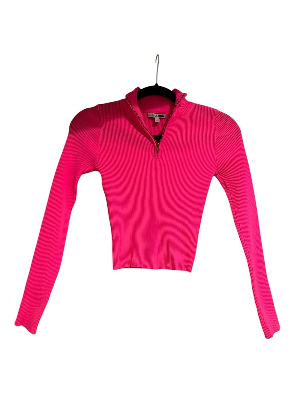 Fashion Nova Hot Pink Ribbed Quarter Zip Mock Neck Athletic Casual Crop Top-S